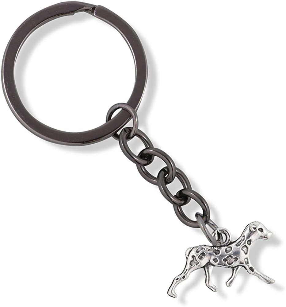 Dalmatian dog keychain in silver metal finish featuring a detailed silhouette and split ring clasp