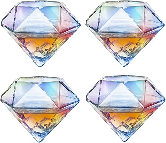 Diamond iridescent whiskey decanter set with two glasses on a mahogany wood stand — view 5
