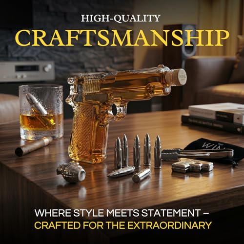 Large glass pistol whiskey decanter with stainless steel bullet stones and wooden army storage crate — view 5