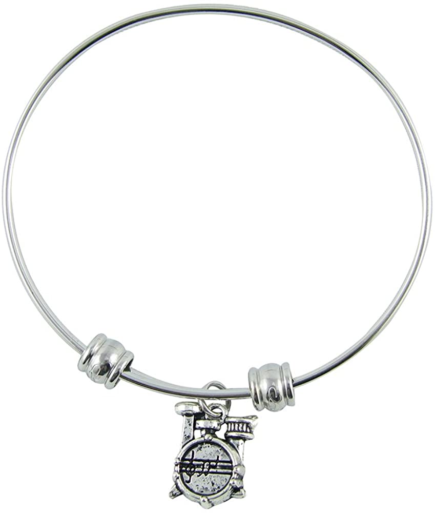Silver stainless steel adjustable bangle bracelet featuring a highly detailed miniature drum set charm.