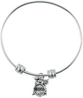 Silver stainless steel adjustable bangle bracelet featuring a highly detailed miniature drum set charm.