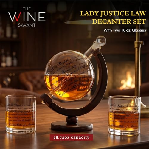 Lady justice whiskey decanter set with two glasses, etched US constitution text on clear glass — view 2
