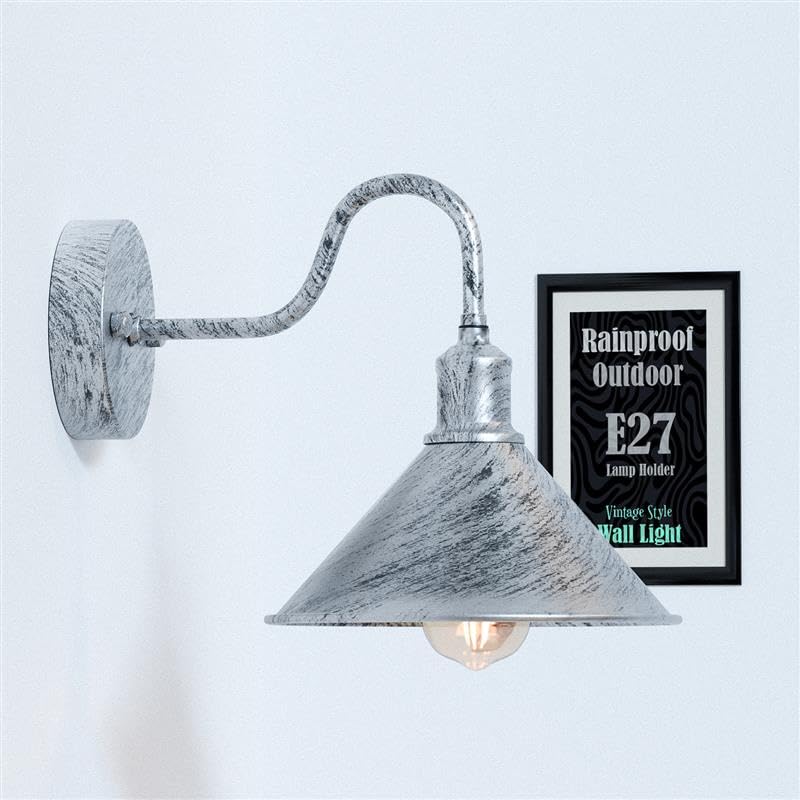 Vintage swan neck galvanized outdoor wall light with cone shade and gooseneck arm