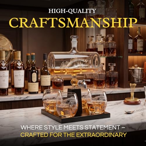Bass fish shaped whiskey decanter set with mahogany wood stand, spigot, and four etched glasses. — view 5