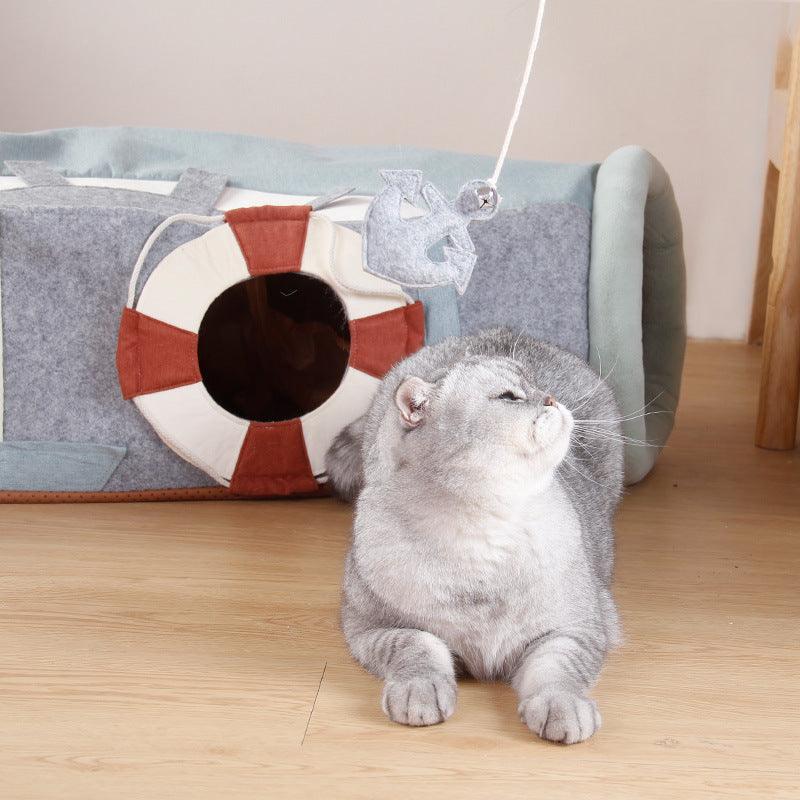Foldable semi enclosed cloth cat scratcher and hideaway litter box in a modern tunnel design — view 2