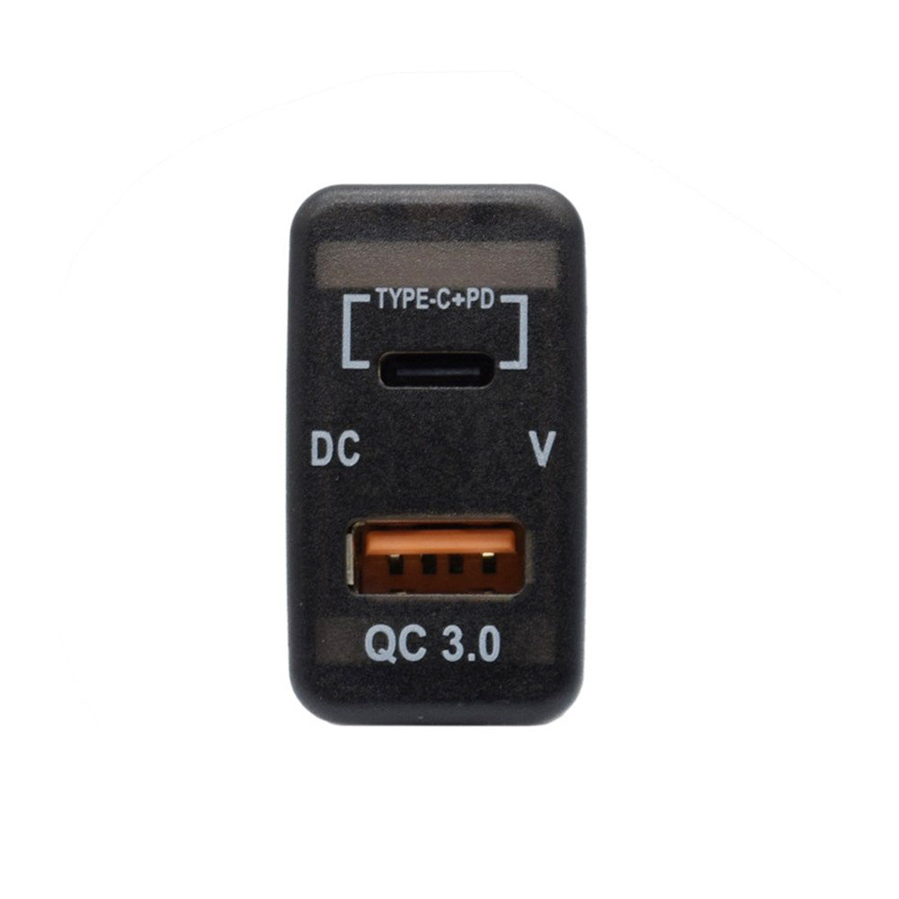 Black dual port Type-C USB car charger adapter with blue LED digital voltmeter display — view 2