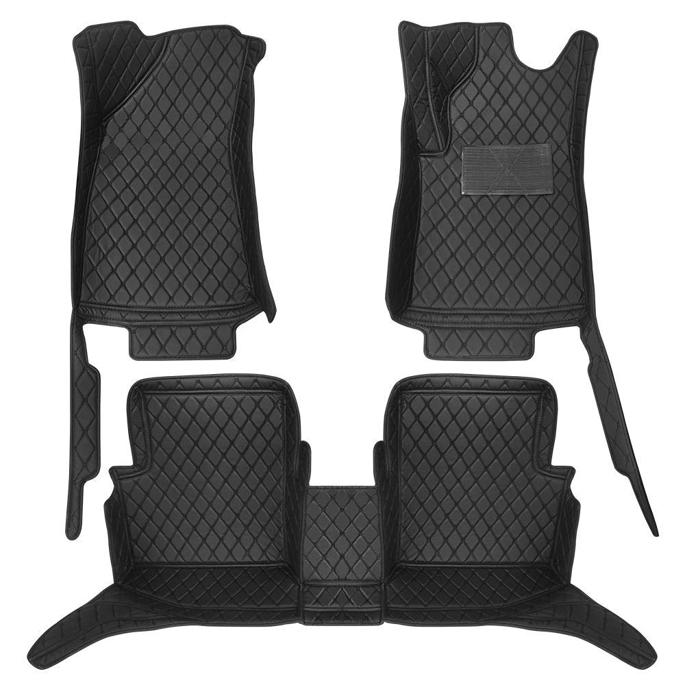 3D waterproof car floor mats in black vegan leather custom fitted inside a vehicle interior