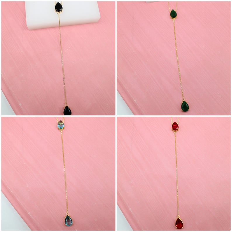 Dainty 18K gold filled lariat necklace with colorful tear drop cubic zirconia stones