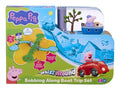 Peppa Pig bobbing along boat set with tracks, boat house, and Grandpa Pig toy vehicle