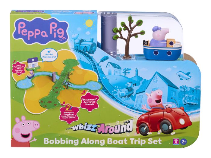 Peppa Pig bobbing along boat set with tracks, boat house, and Grandpa Pig toy vehicle