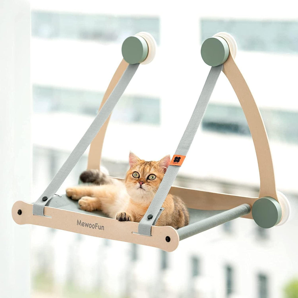 Wooden cat hammock window seat with breathable canvas mat attached to glass using suction cups — view 5