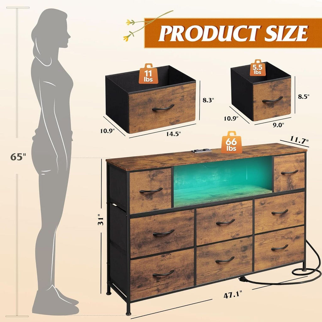 Rustic brown wood grain 8-drawer dresser and TV stand with open shelves and LED lighting — view 3