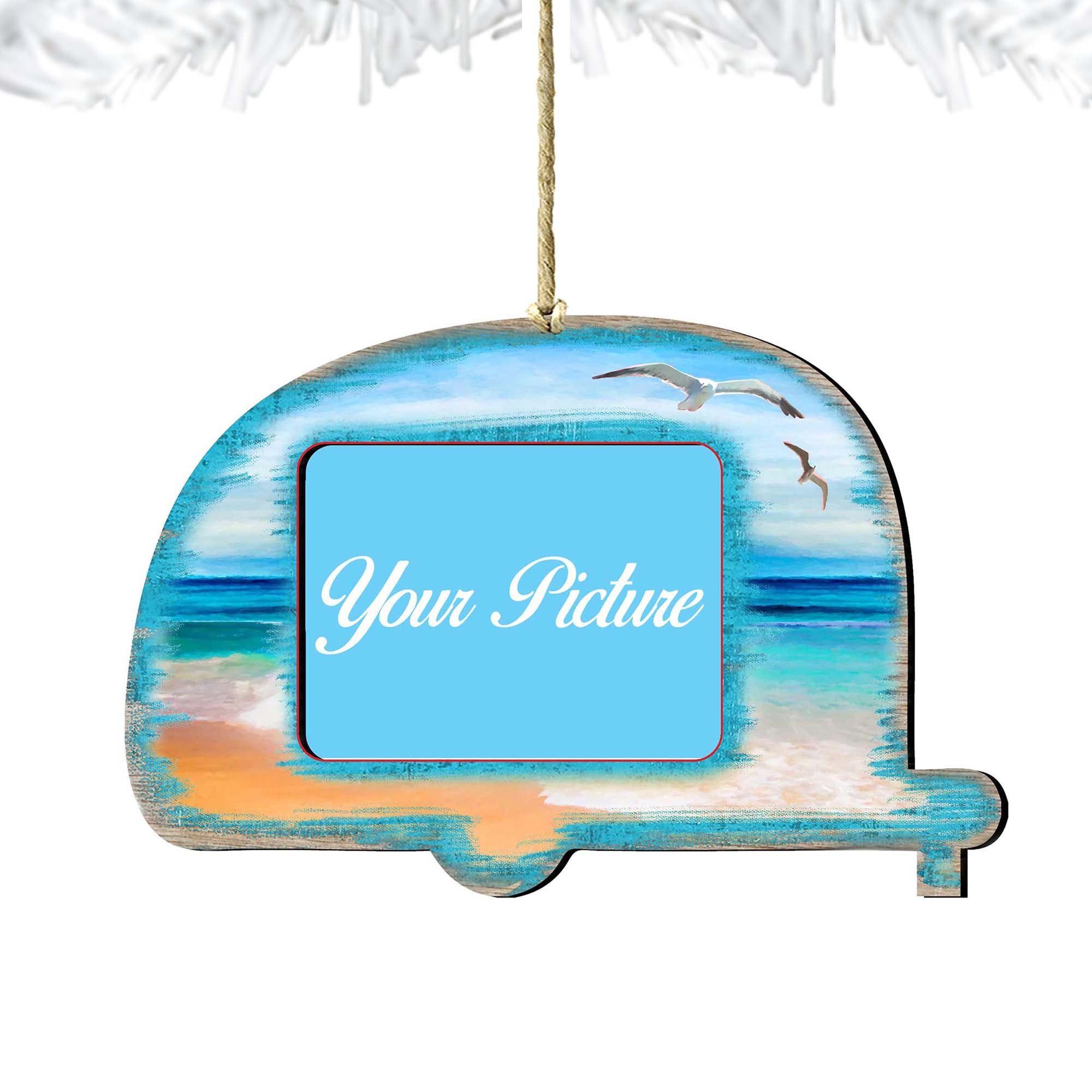 Handcrafted wooden coastal camper picture frame ornament holding a photograph for holiday tree decoration — view 4