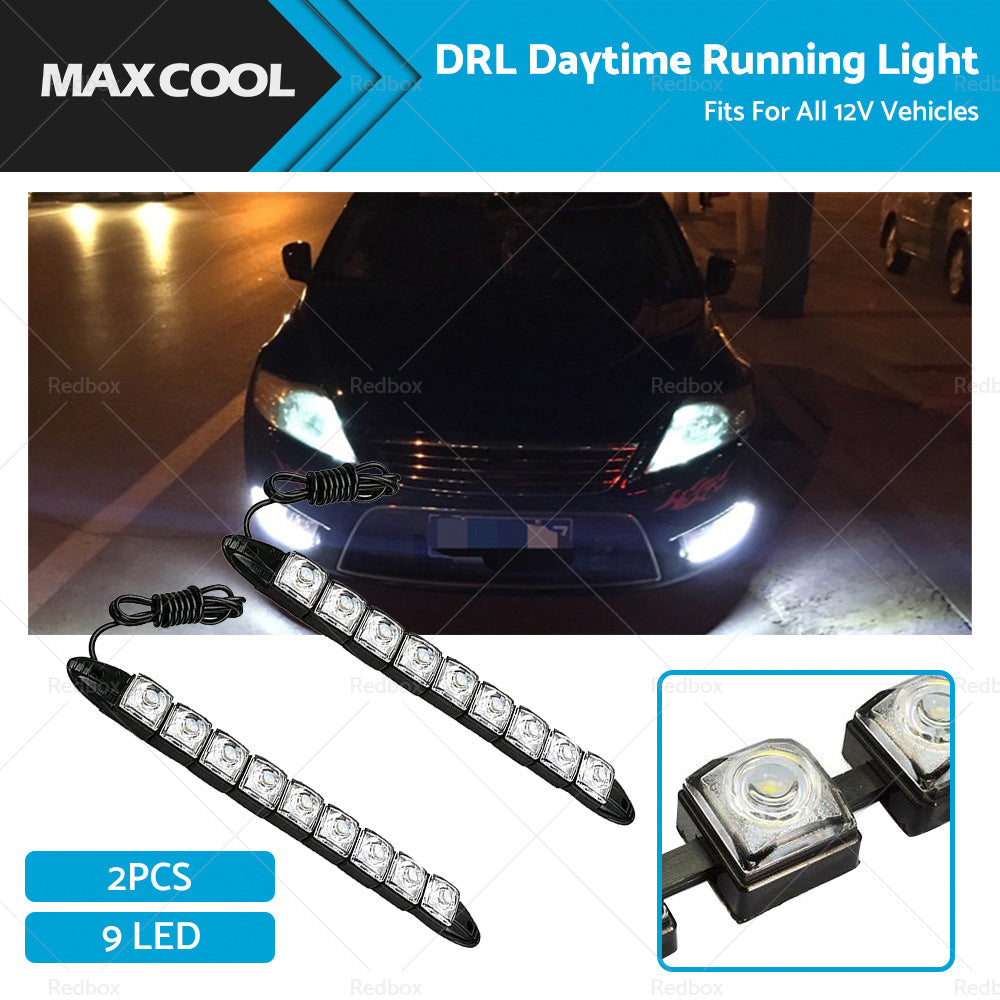 Two black rubber 9 LED daytime running lights for car front bumpers with mounting screws