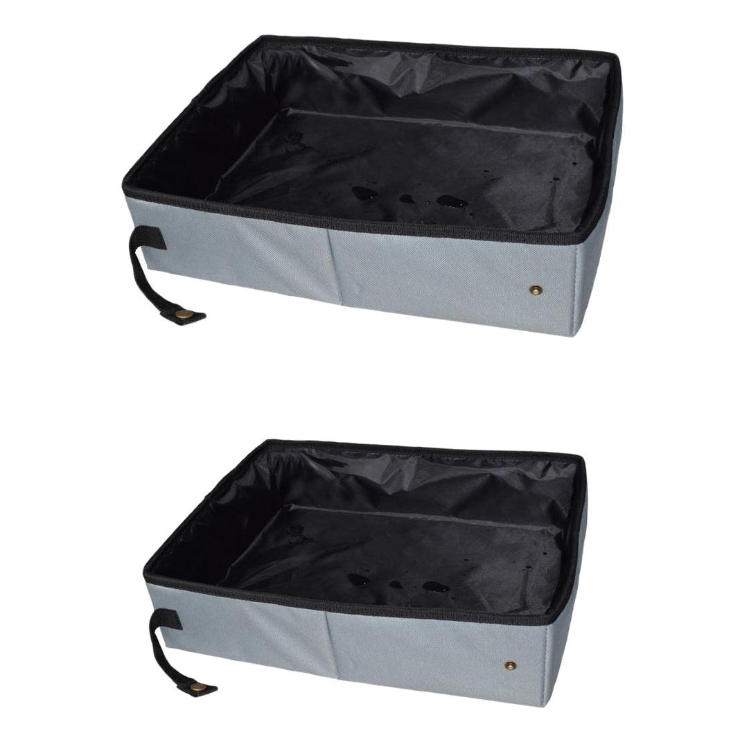 Foldable AquaShield cat litter box with waterproof Oxford cloth exterior, portable pet travel toilet.