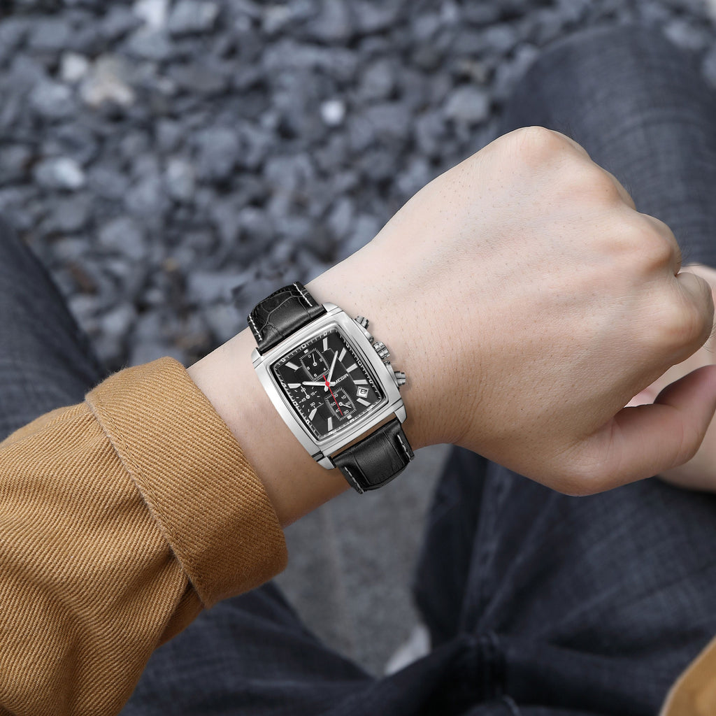 Mens rectangular military quartz watch with zinc alloy case and genuine leather strap — view 4