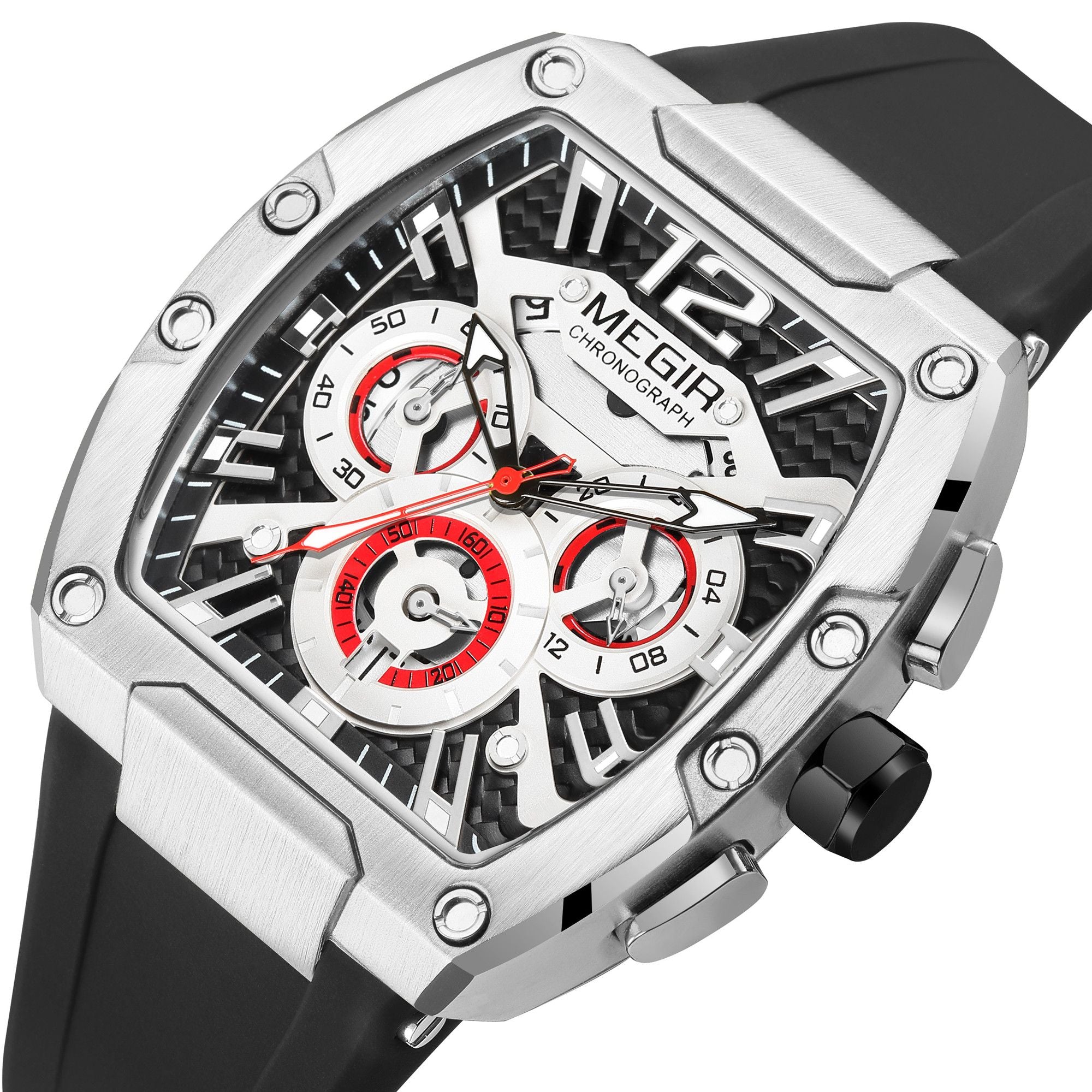 Megir chronograph sport watch for men with big luminous dial and black silicone strap — view 14