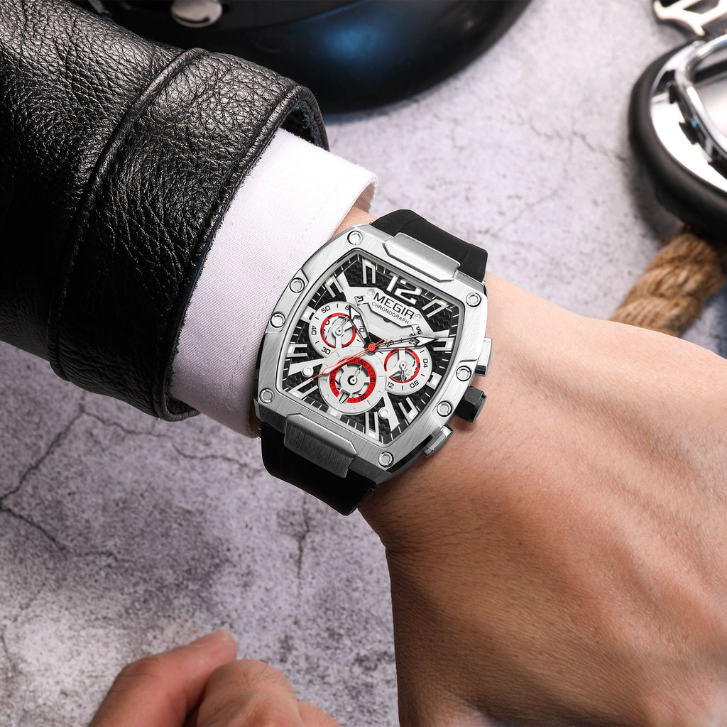 Megir chronograph sport watch for men with big luminous dial and black silicone strap — view 5