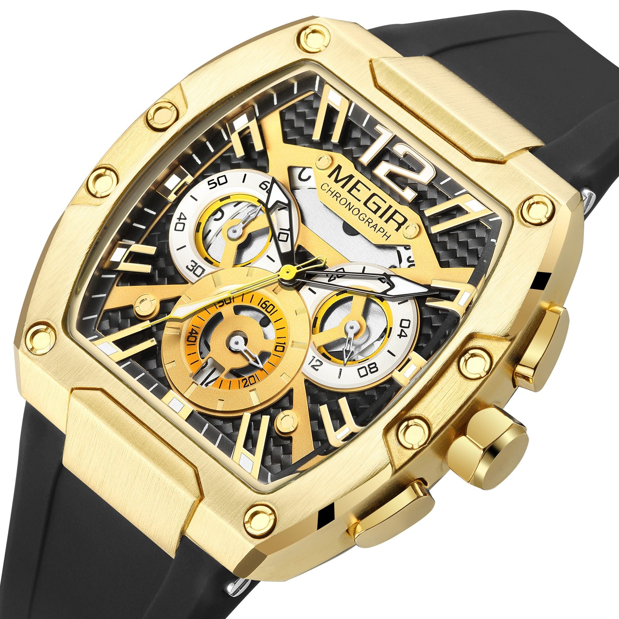 Megir chronograph sport watch for men with big luminous dial and black silicone strap — view 12