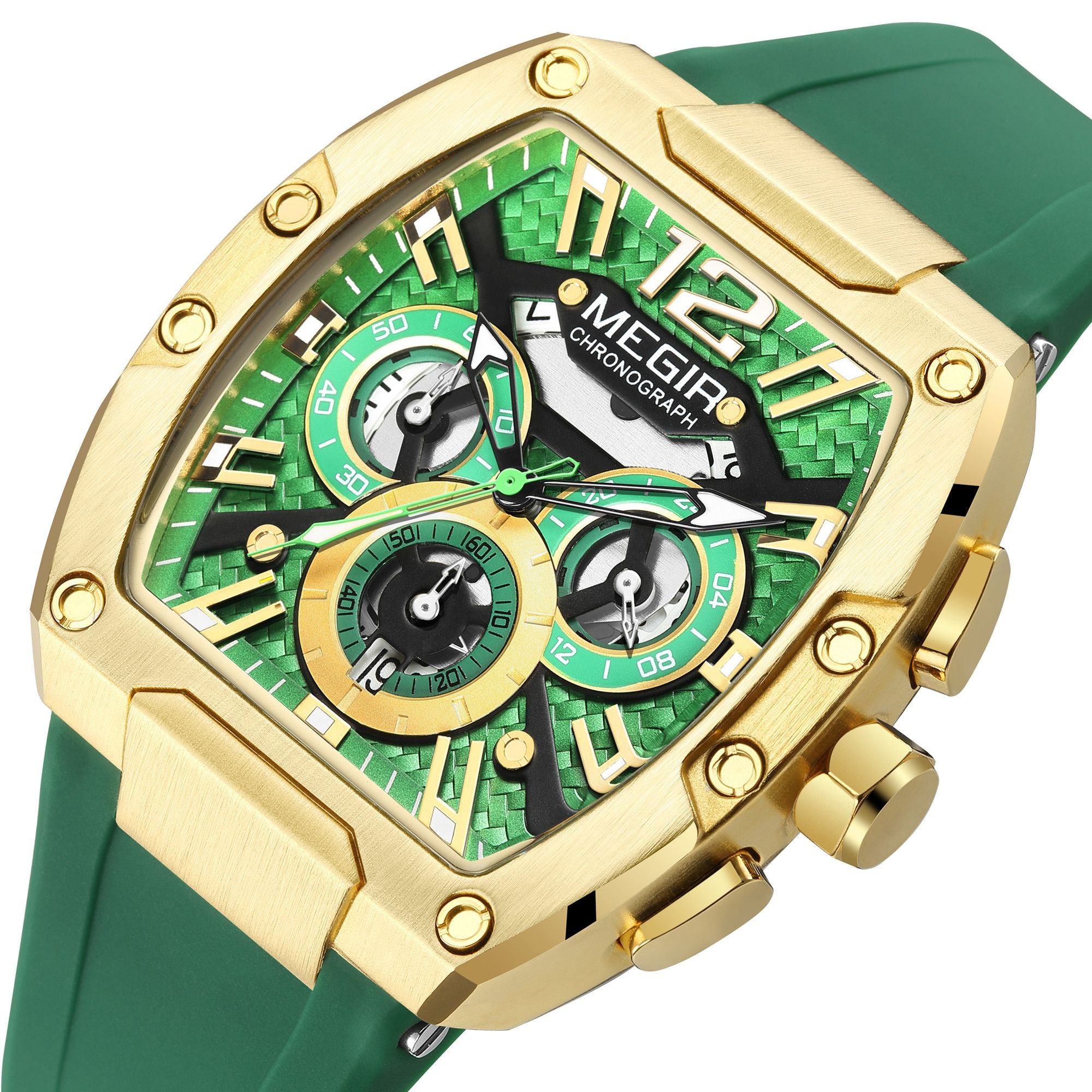 Megir chronograph sport watch for men with big luminous dial and black silicone strap — view 11