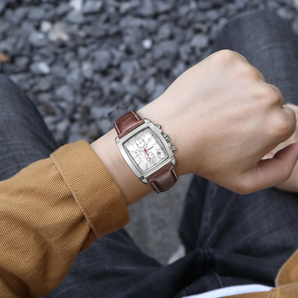Mens rectangular military quartz watch with zinc alloy case and genuine leather strap — view 3