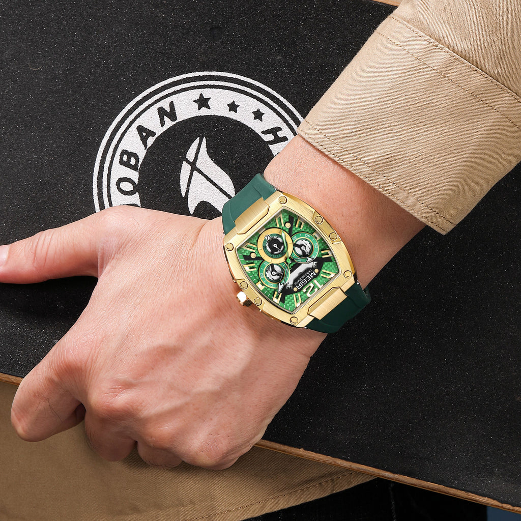 Megir chronograph sport watch for men with big luminous dial and black silicone strap — view 2