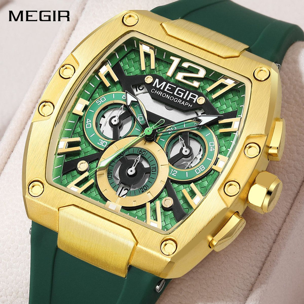 Megir chronograph sport watch for men with big luminous dial and black silicone strap
