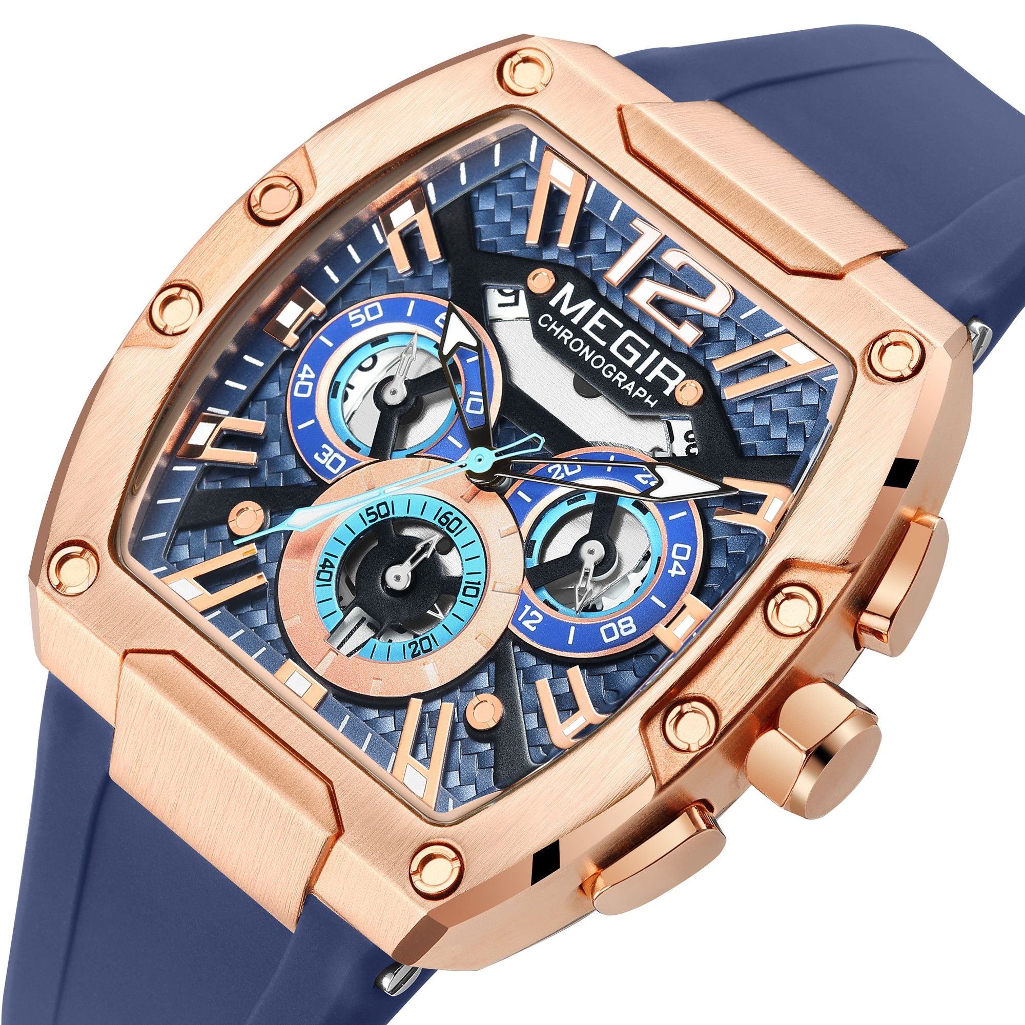 Megir chronograph sport watch for men with big luminous dial and black silicone strap — view 13