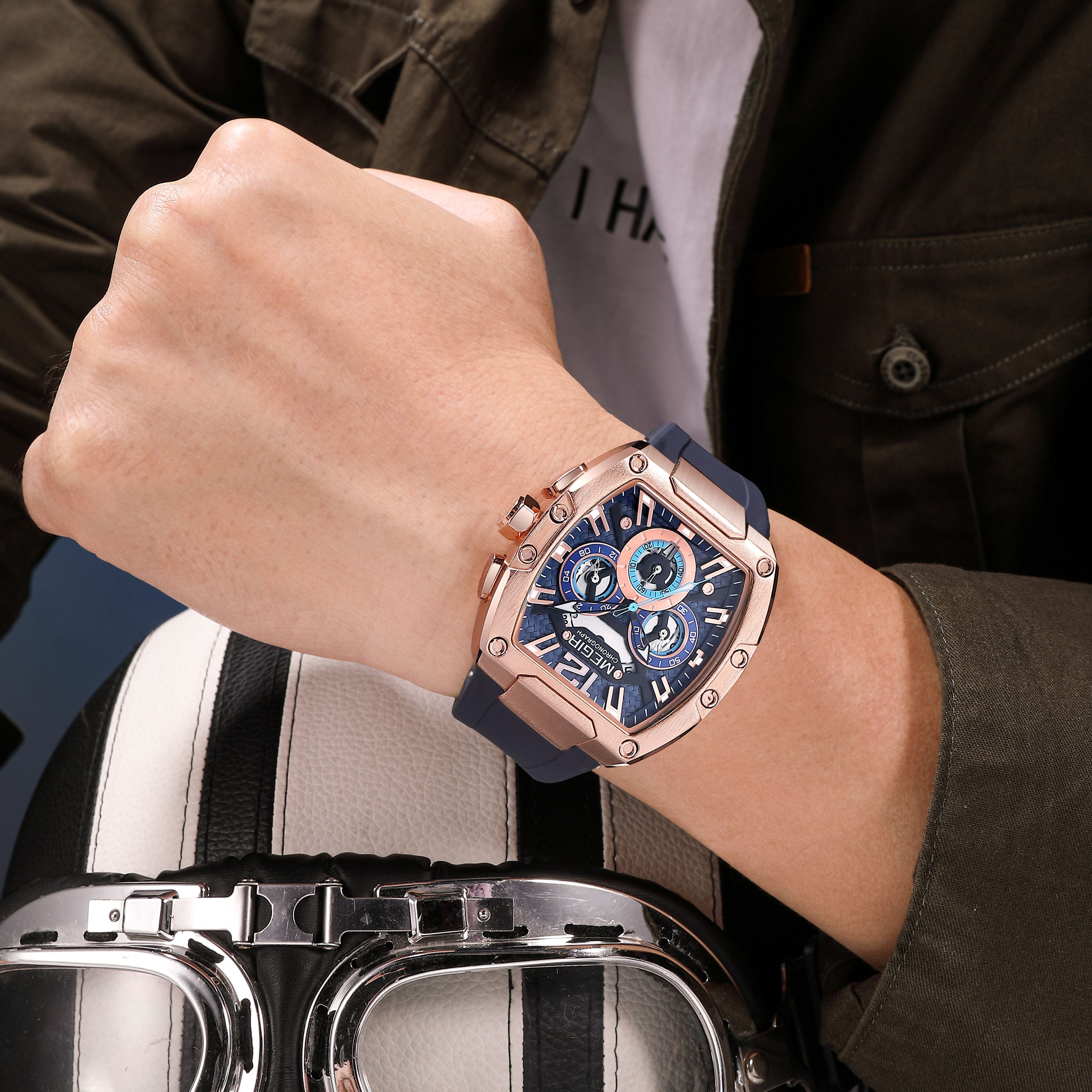 Megir chronograph sport watch for men with big luminous dial and black silicone strap — view 4
