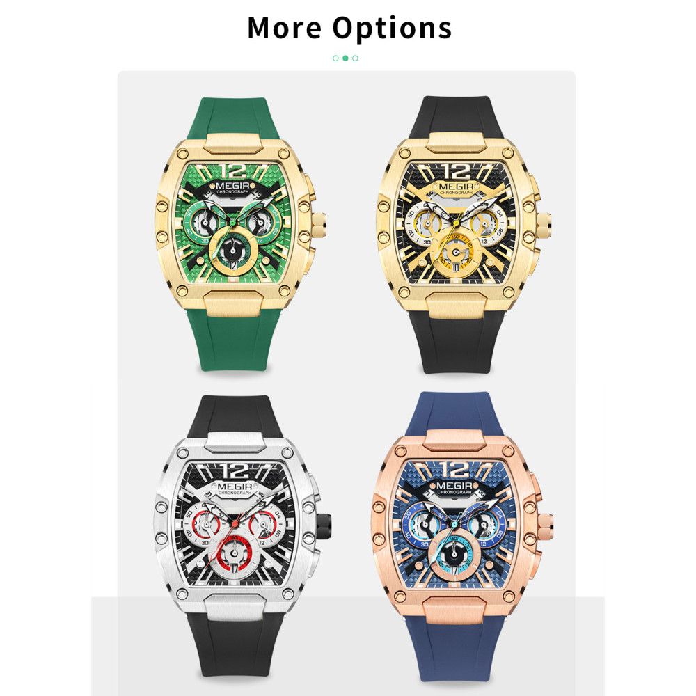 Megir chronograph sport watch for men with big luminous dial and black silicone strap — view 6