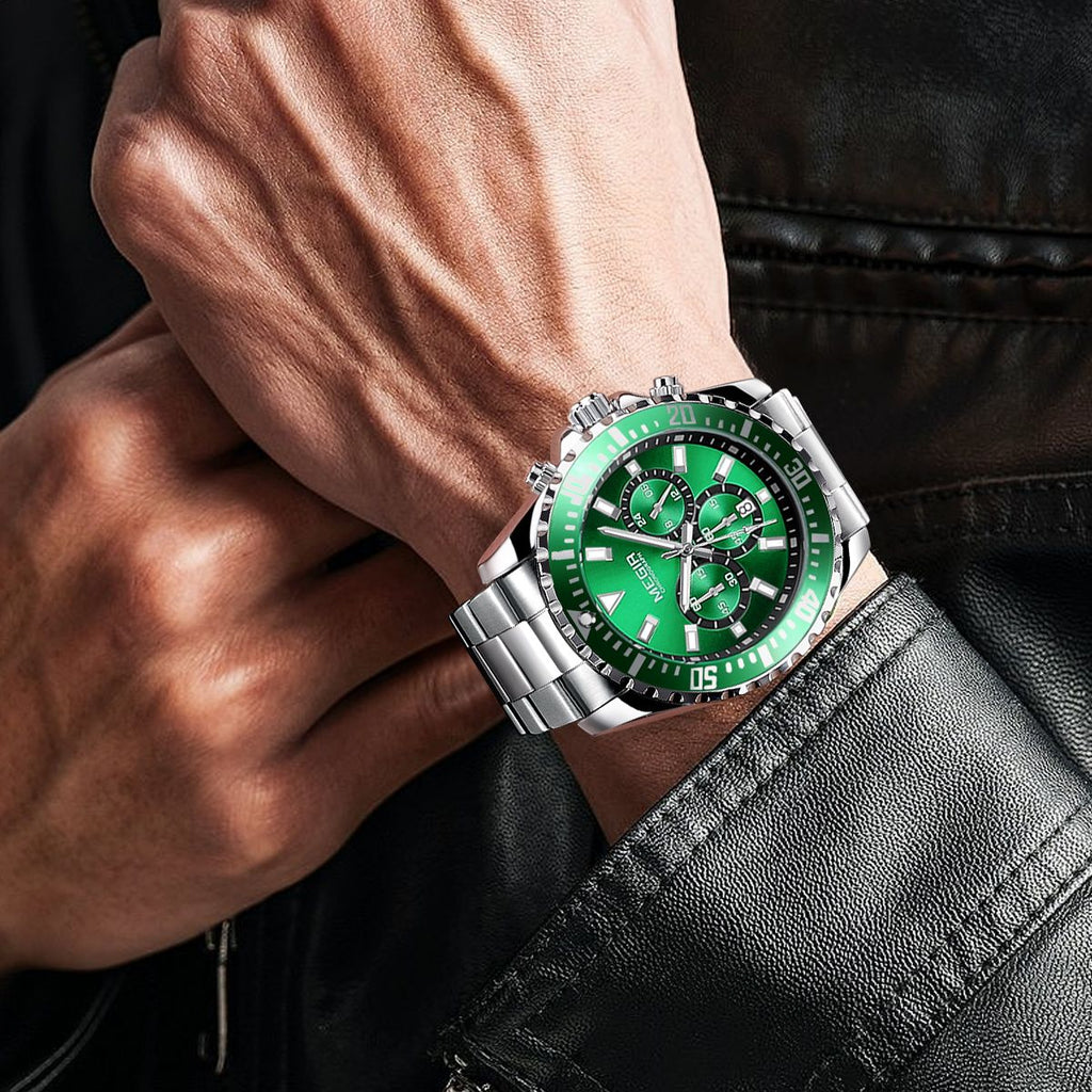 Megir luxury men's chronograph watch in stainless steel with military style dial — view 4