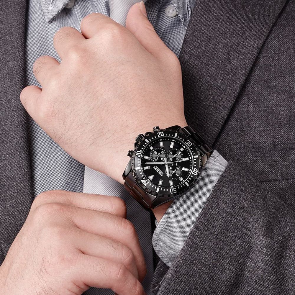 Megir luxury men's chronograph watch in stainless steel with military style dial — view 3
