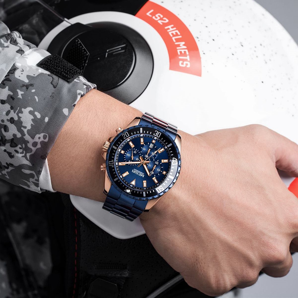 Megir luxury men's chronograph watch in stainless steel with military style dial — view 5