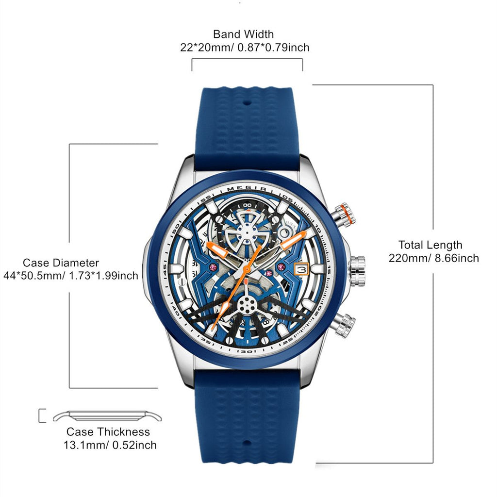 Megir mens chronograph quartz sports watch with a black silicone band and luminous dial — view 5
