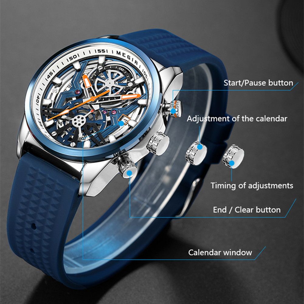 Megir mens chronograph quartz sports watch with a black silicone band and luminous dial — view 6