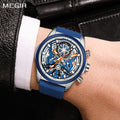 Megir mens chronograph quartz sports watch with a black silicone band and luminous dial