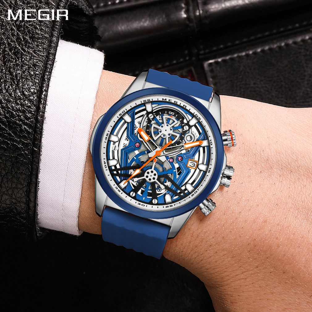 Megir mens chronograph quartz sports watch with a black silicone band and luminous dial