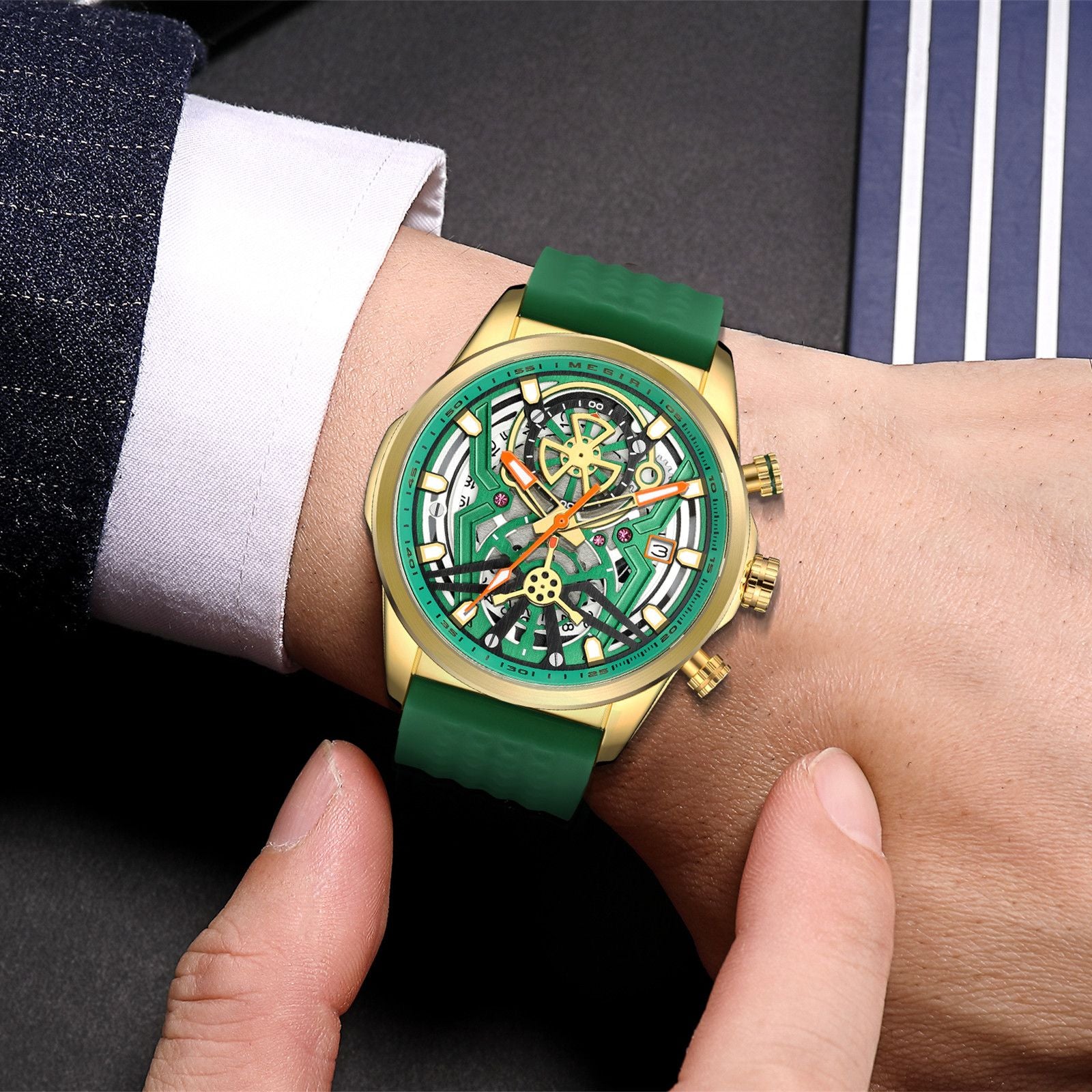 Megir mens chronograph quartz sports watch with a black silicone band and luminous dial — view 2