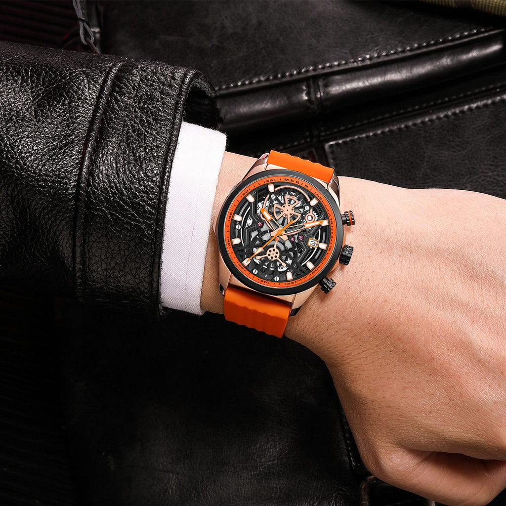 Megir mens chronograph quartz sports watch with a black silicone band and luminous dial — view 3