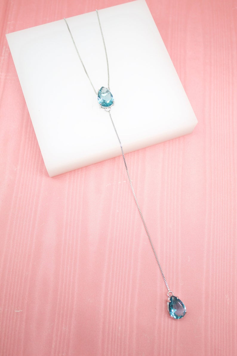 Dainty 18K gold filled lariat necklace with colorful tear drop cubic zirconia stones — view 2