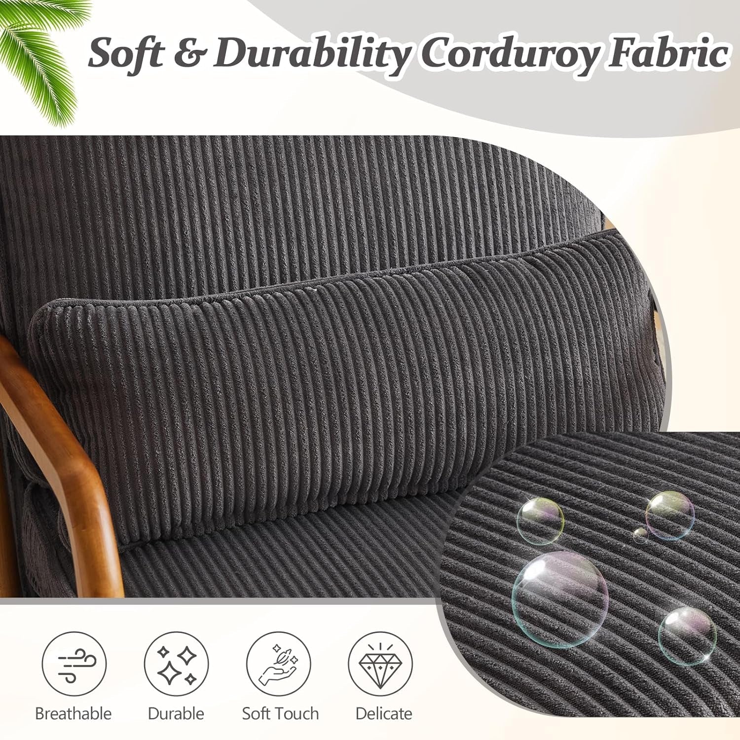 Dark grey corduroy upholstered accent chair with solid wood frame and dedicated lumbar support pillow — view 4