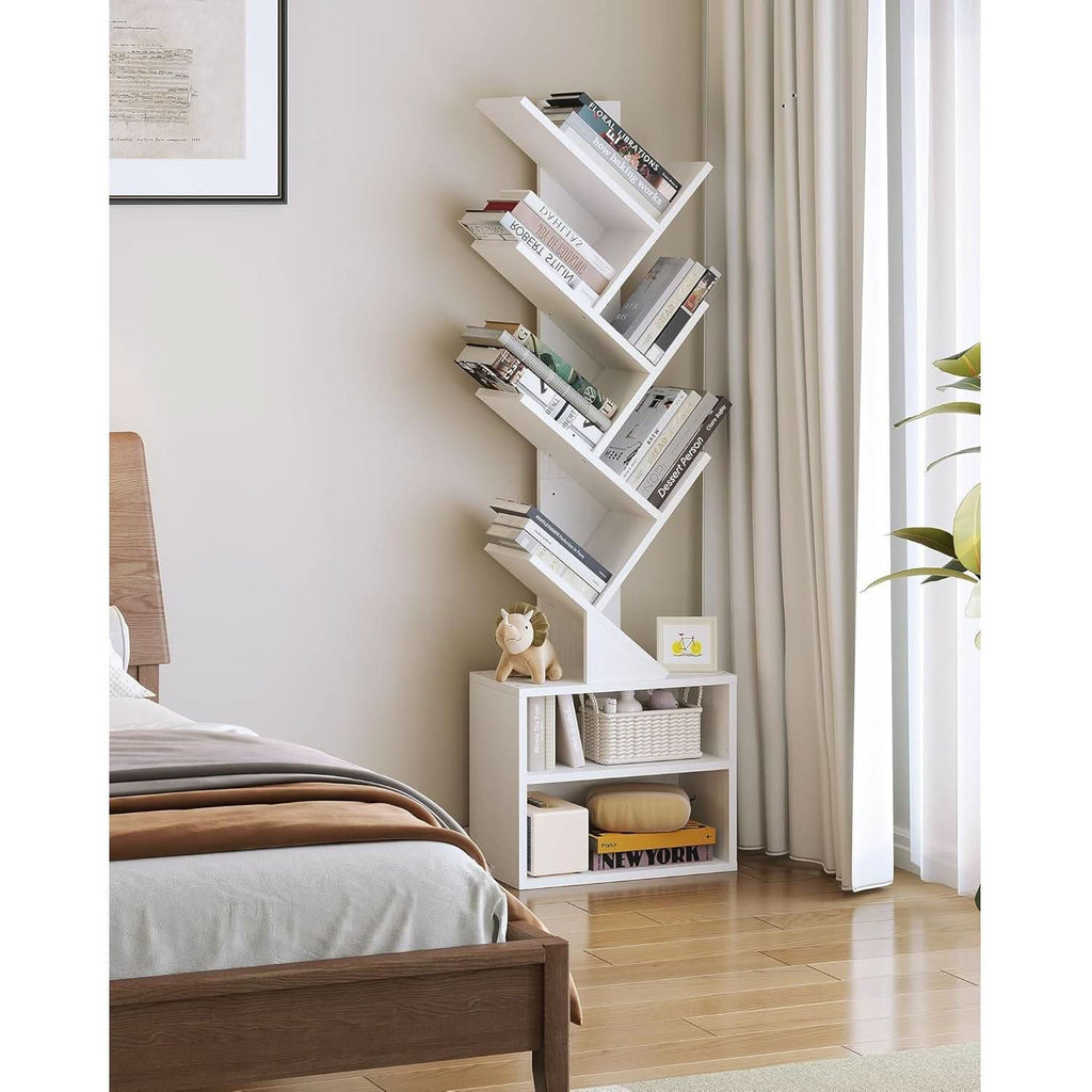 White 6-tier tree bookshelf with bottom storage cabinet, displaying books in a modern home office. — view 2