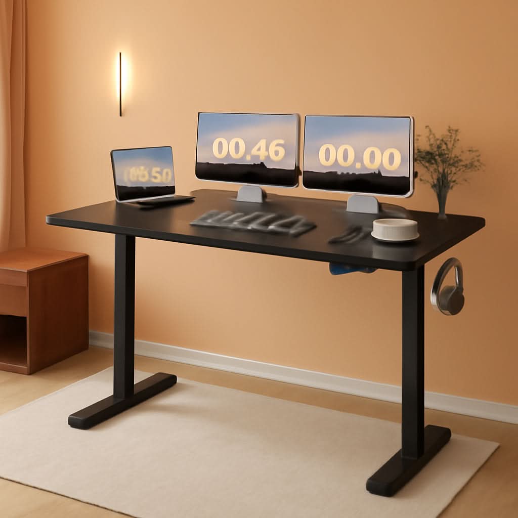 Electric height adjustable standing desk featuring a spacious 55 inch desktop and sturdy steel legs.