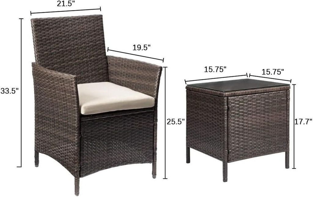3-piece brown PE rattan patio furniture set with two cushioned chairs and a glass-top table — view 2