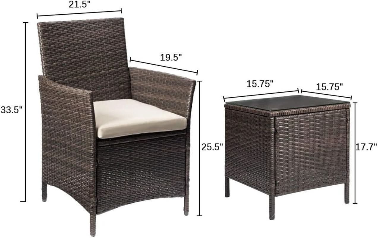 Brown 3-piece PE rattan patio furniture set with two cushioned chairs and a glass top table — view 2