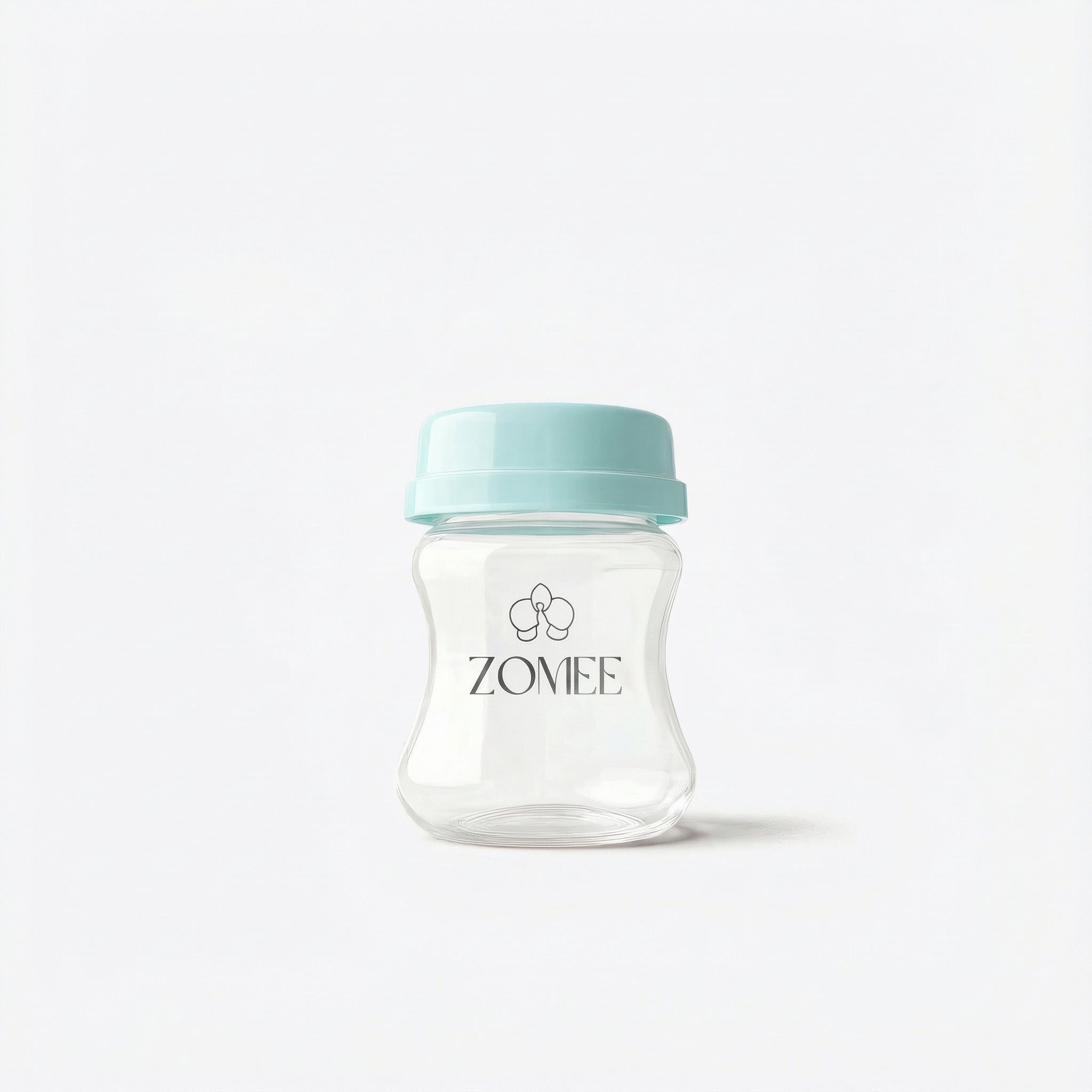 Zomee breast milk storage bottles with clear body, secure lids, and accurate volume measurement markings