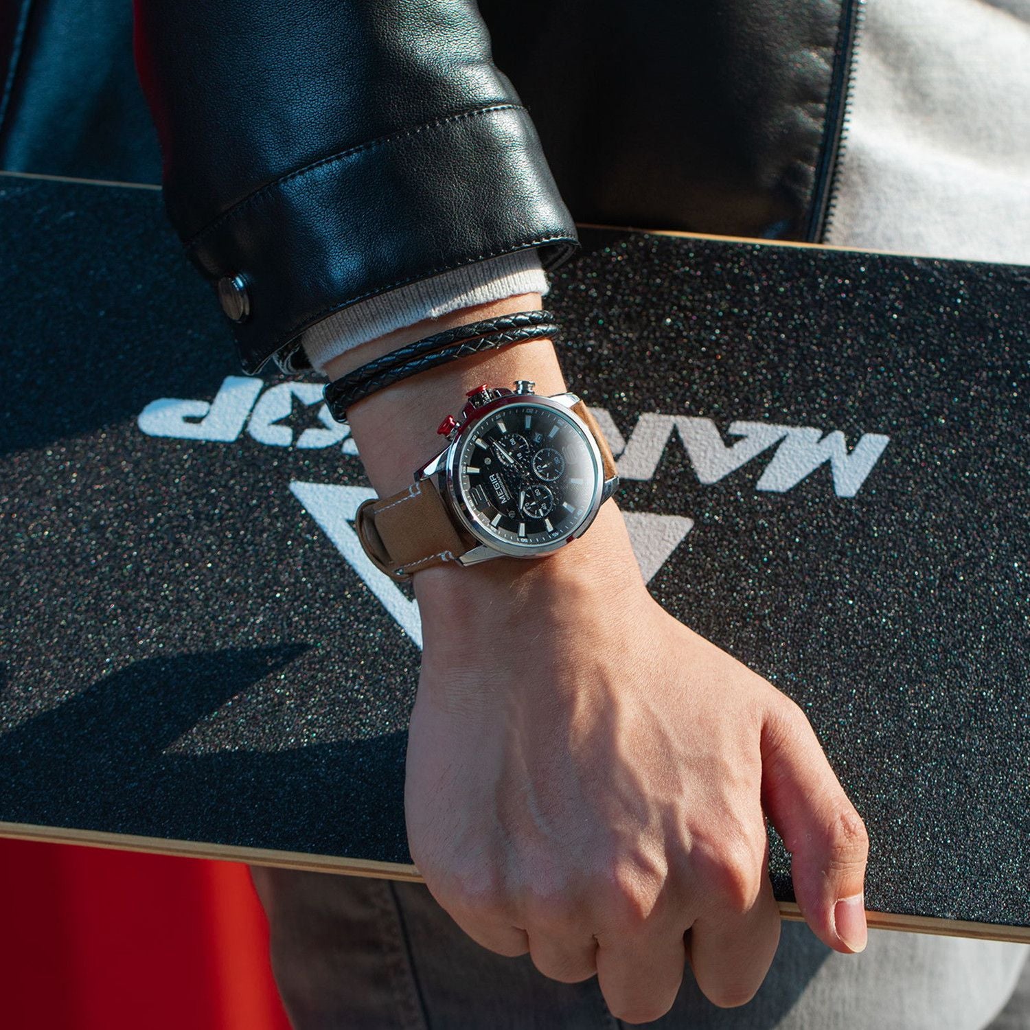 Megir men's business chronograph watch in stainless steel with luminous hands and a dark dial — view 6