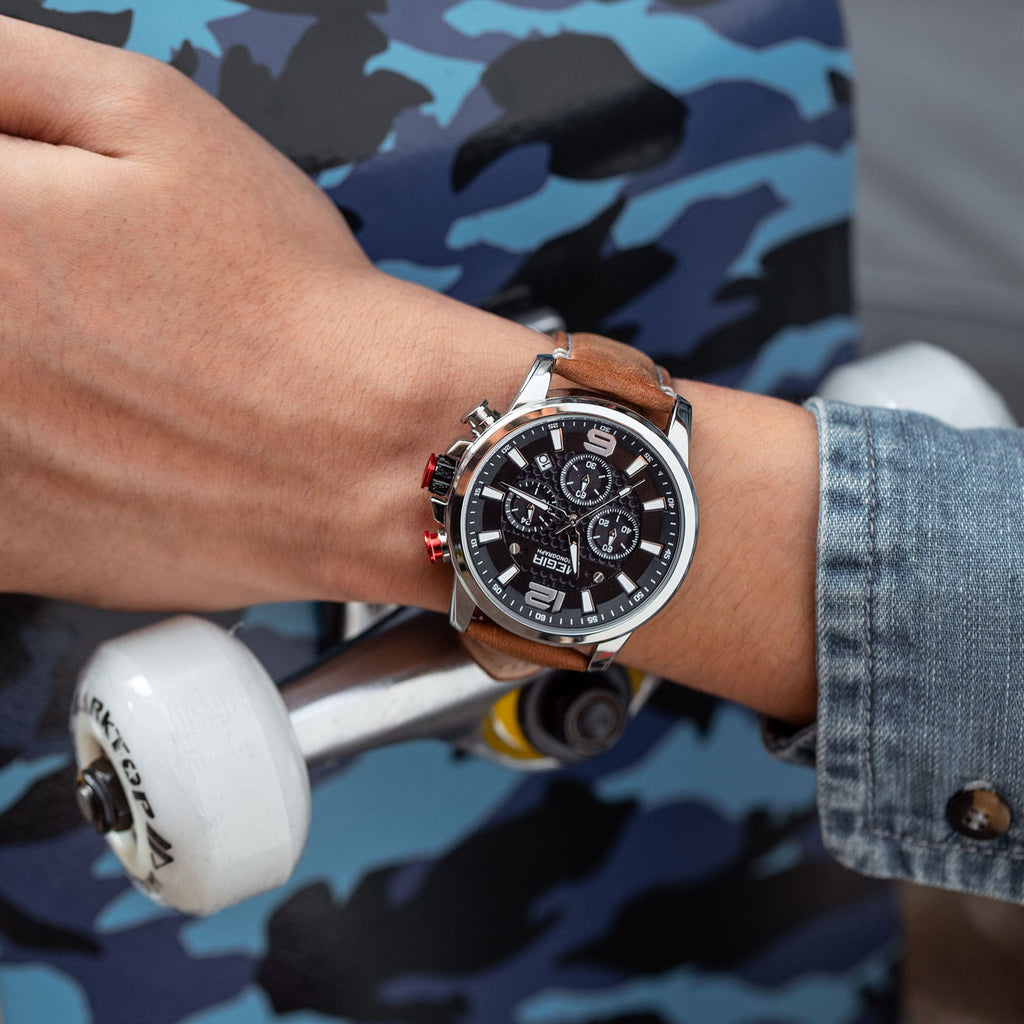 Megir men's business chronograph watch in stainless steel with luminous hands and a dark dial — view 8
