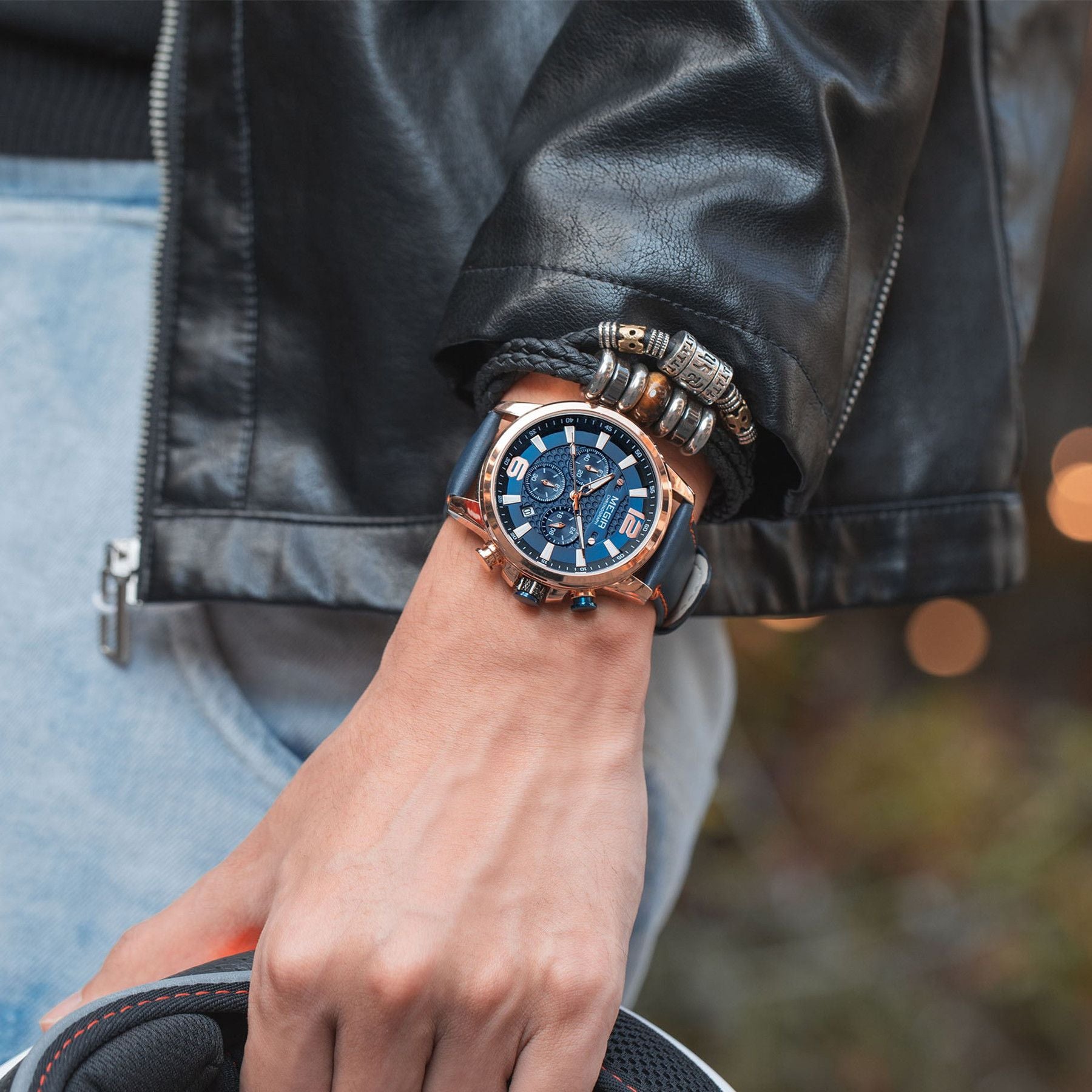 Megir men's business chronograph watch in stainless steel with luminous hands and a dark dial — view 7