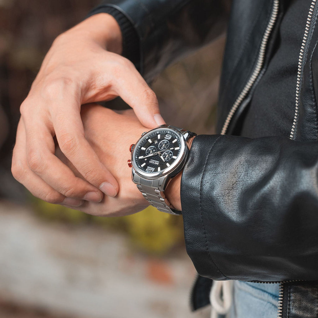 Megir men's business chronograph watch in stainless steel with luminous hands and a dark dial — view 3